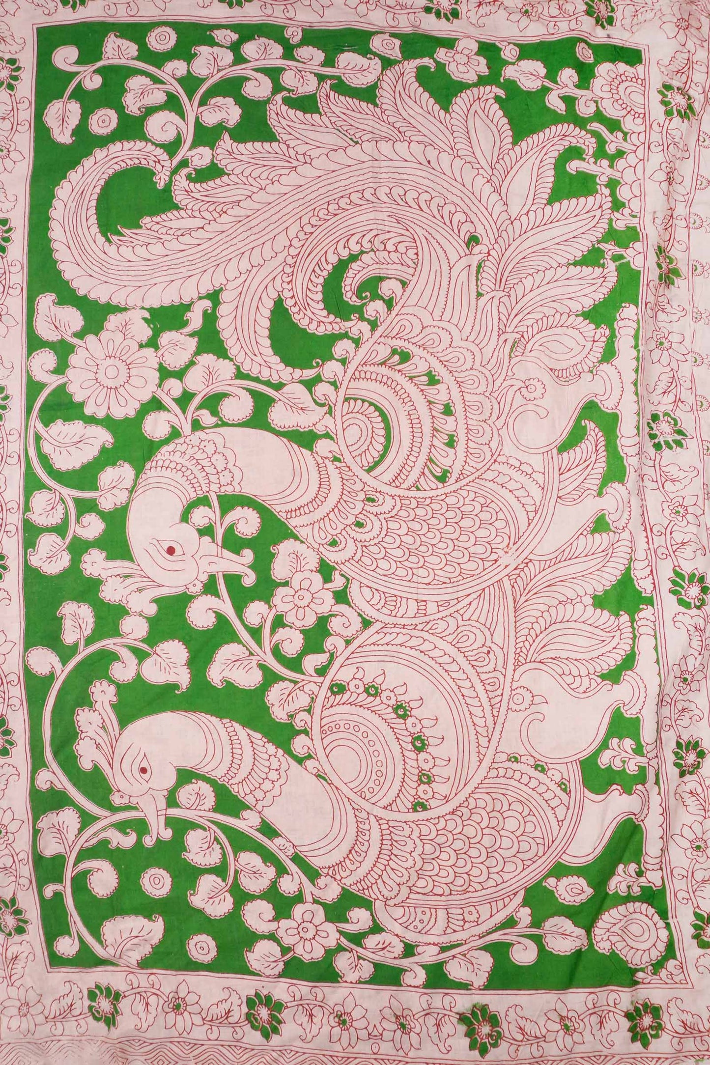 Green Kalamkari Pure Cotton Floral Print Peacock Pallu Saree