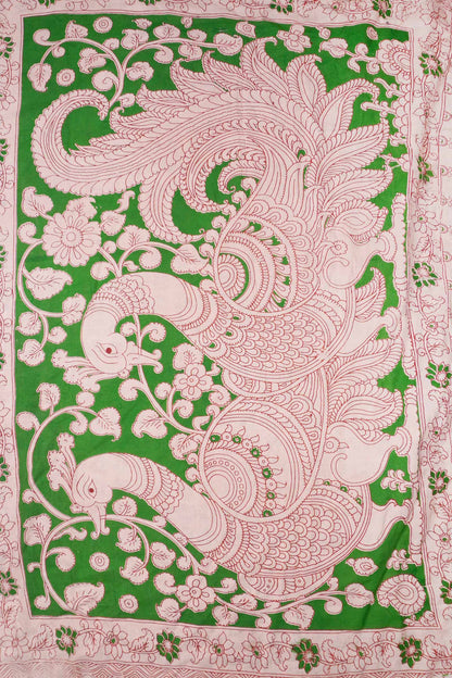 Green Kalamkari Pure Cotton Floral Print Peacock Pallu Saree