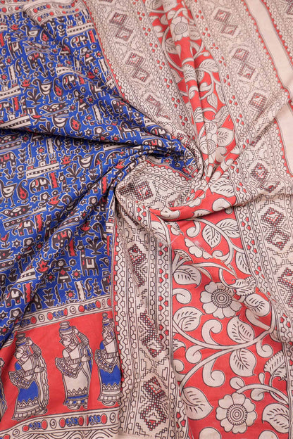 Blue Kalamkari Pure Cotton Fancy Stamp Print Floral Pallu Saree