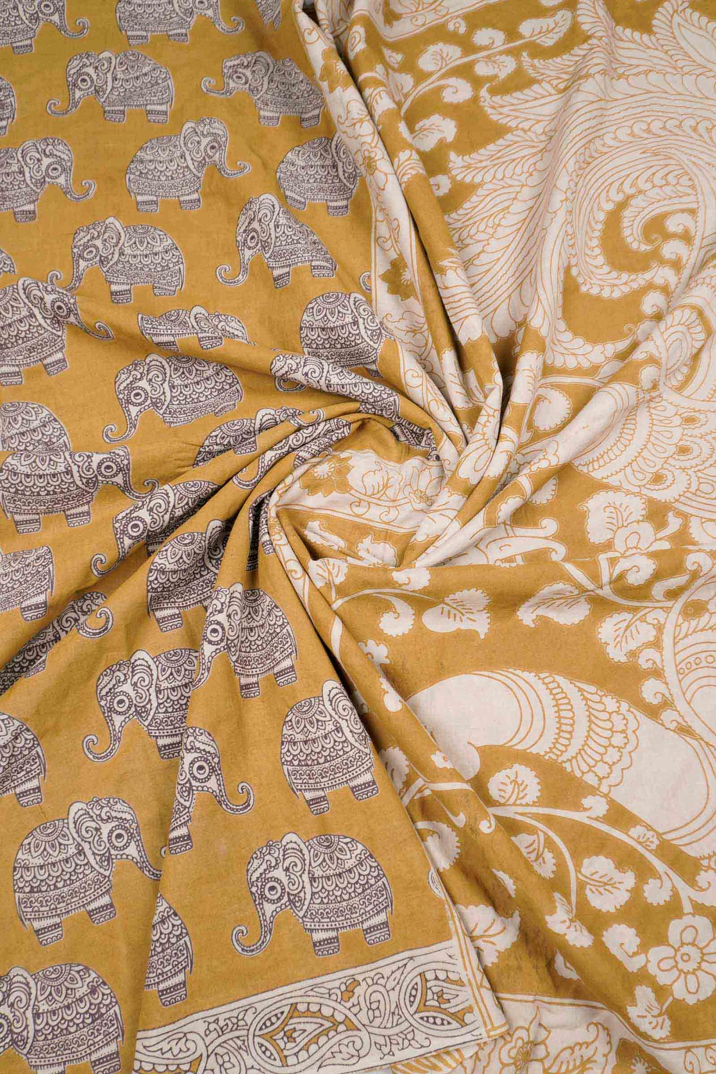 Dark Mustard Yellow Kalamkari Pure Cotton Elephant Print Peacock Pallu Saree