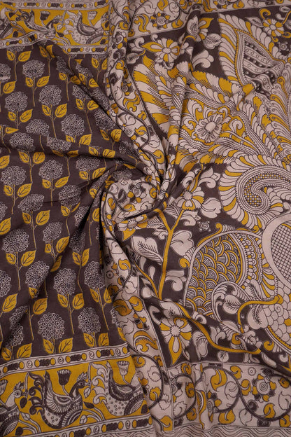Dark Brown Kalamkari Pure Cotton Sunshine Fields Peacock Pallu Saree