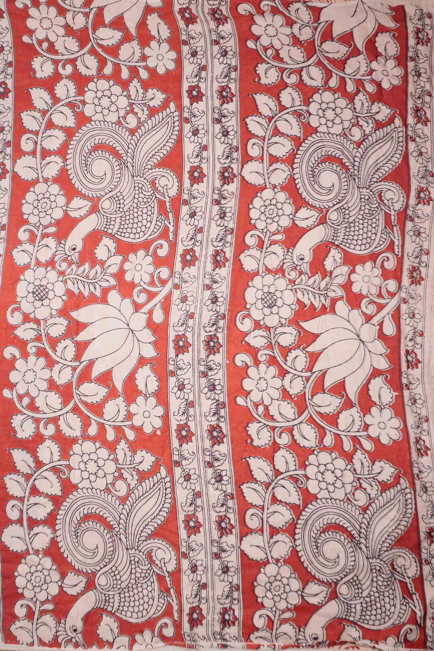Maroon Kalamkari Pure Cotton Floral Print Peacock Pallu Saree