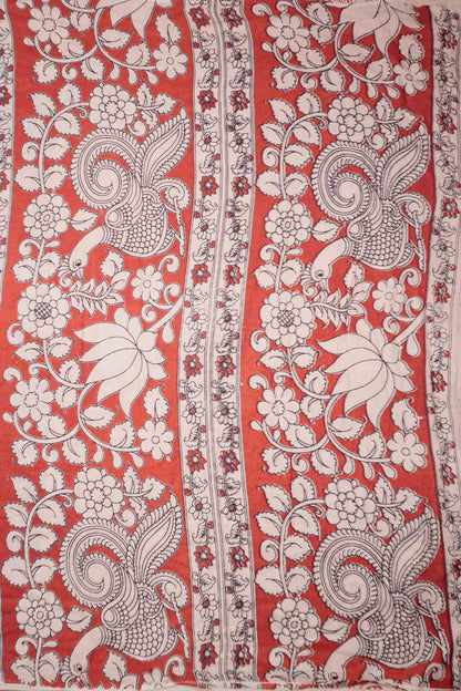 Maroon Kalamkari Pure Cotton Floral Print Peacock Pallu Saree