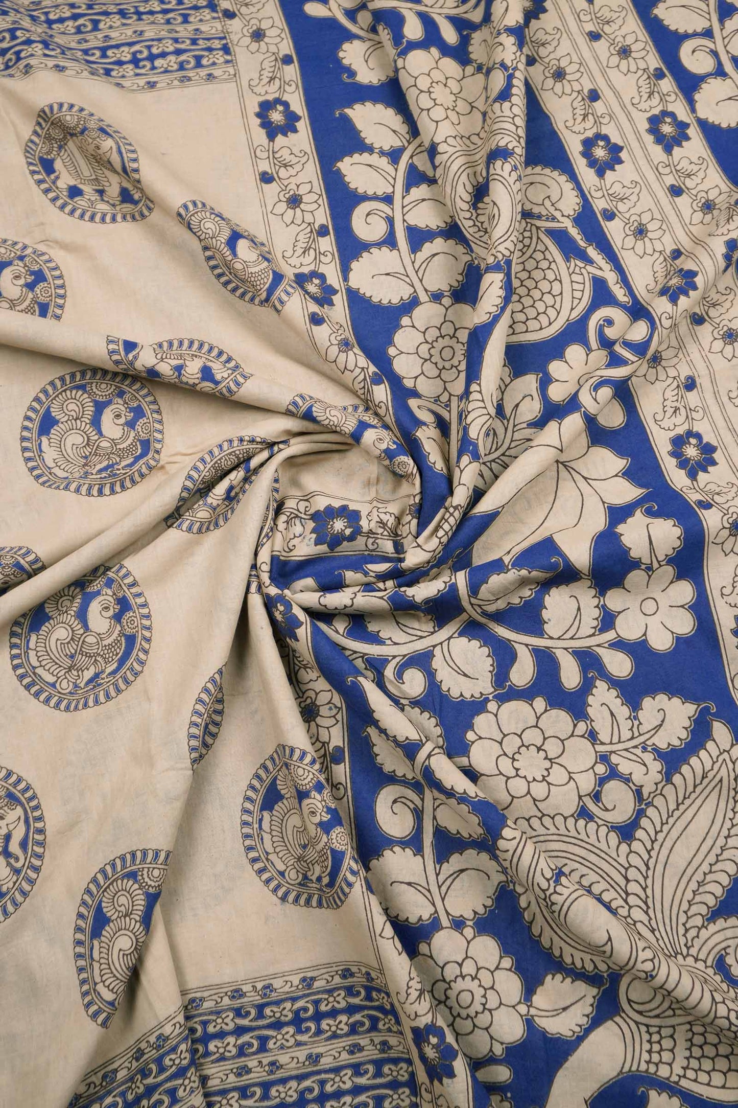 Off White Kalamkari Pure Cotton Peacock Chakra Saree