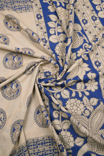 Off White Kalamkari Pure Cotton Peacock Chakra Saree
