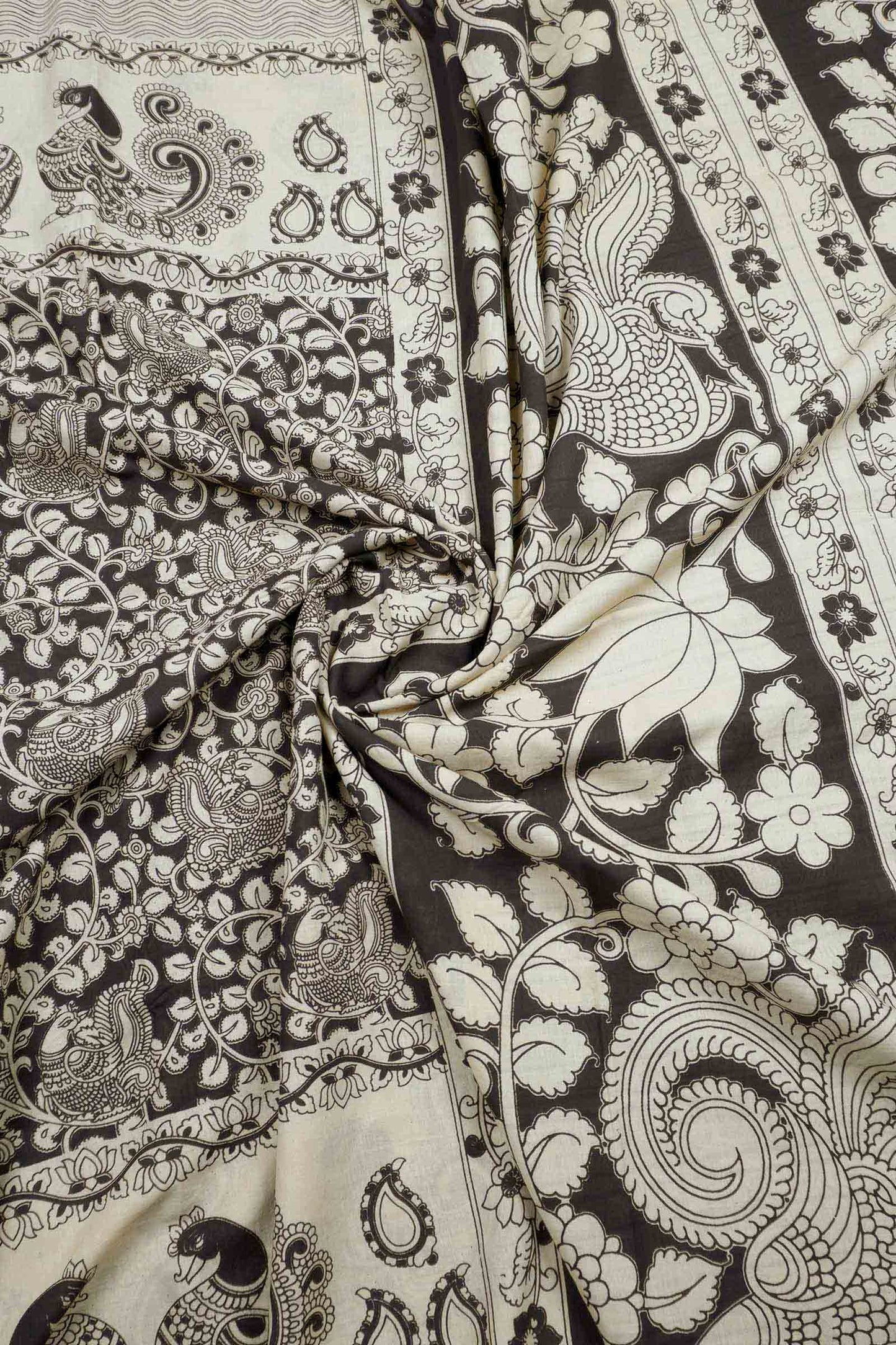 Black Kalamkari Pure Cotton Kalamkari Florals Peacock Border Pallu Saree