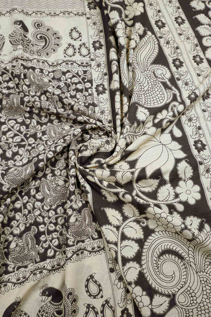 Black Kalamkari Pure Cotton Kalamkari Florals Peacock Border Pallu Saree