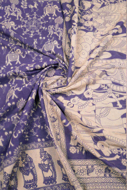 Violet Kalamkari Pure Cotton Warli Style Print  Saree