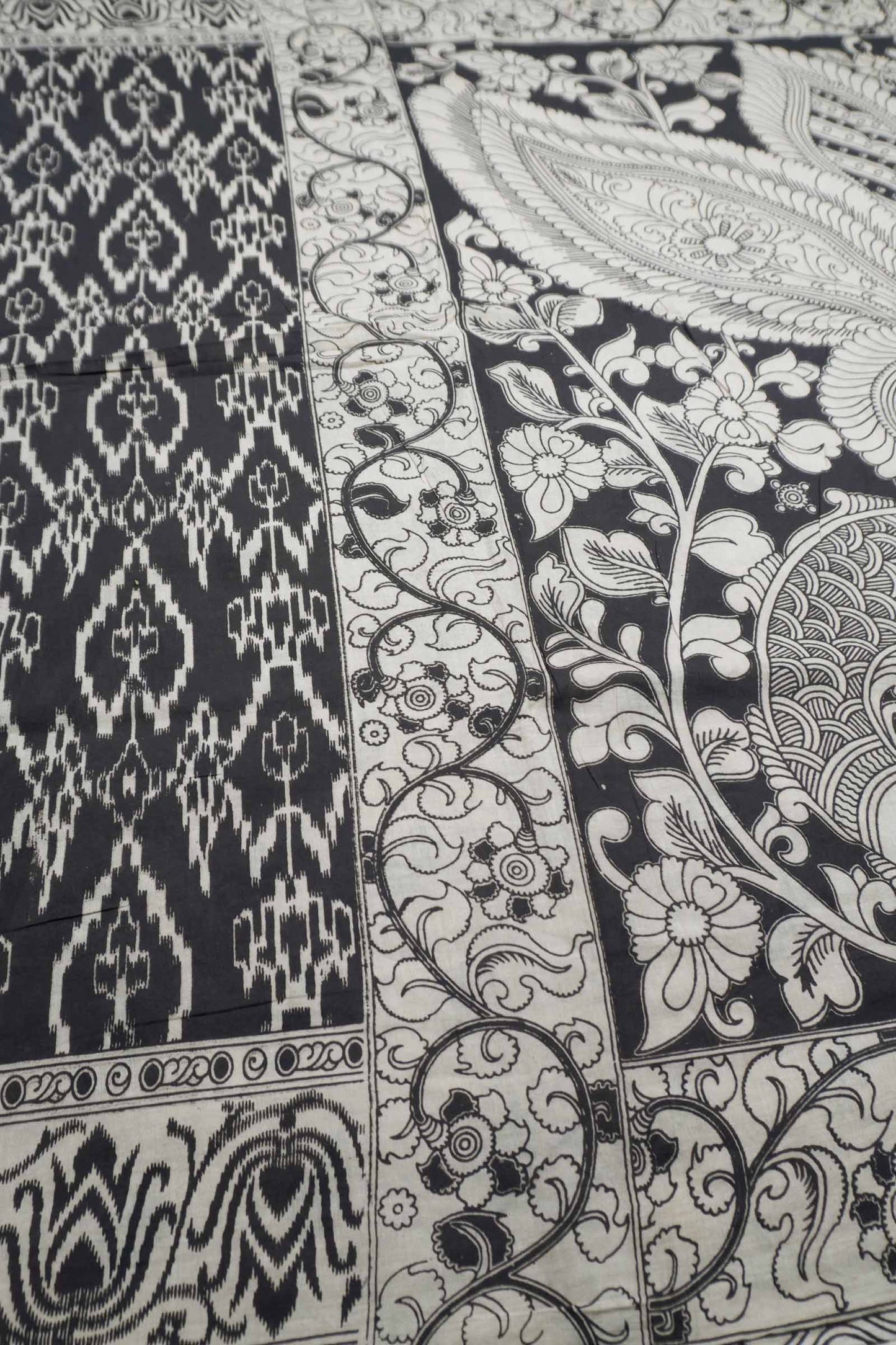 Black Kalamkari Pure Cotton Ikkat Style Print Peacock Pallu Saree