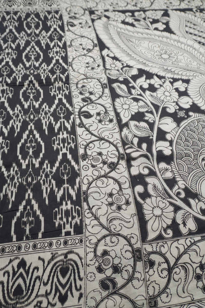 Black Kalamkari Pure Cotton Ikkat Style Print Peacock Pallu Saree