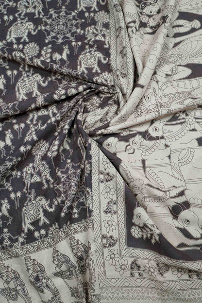 Black Kalamkari Pure Cotton Warli Inspired Print  Saree