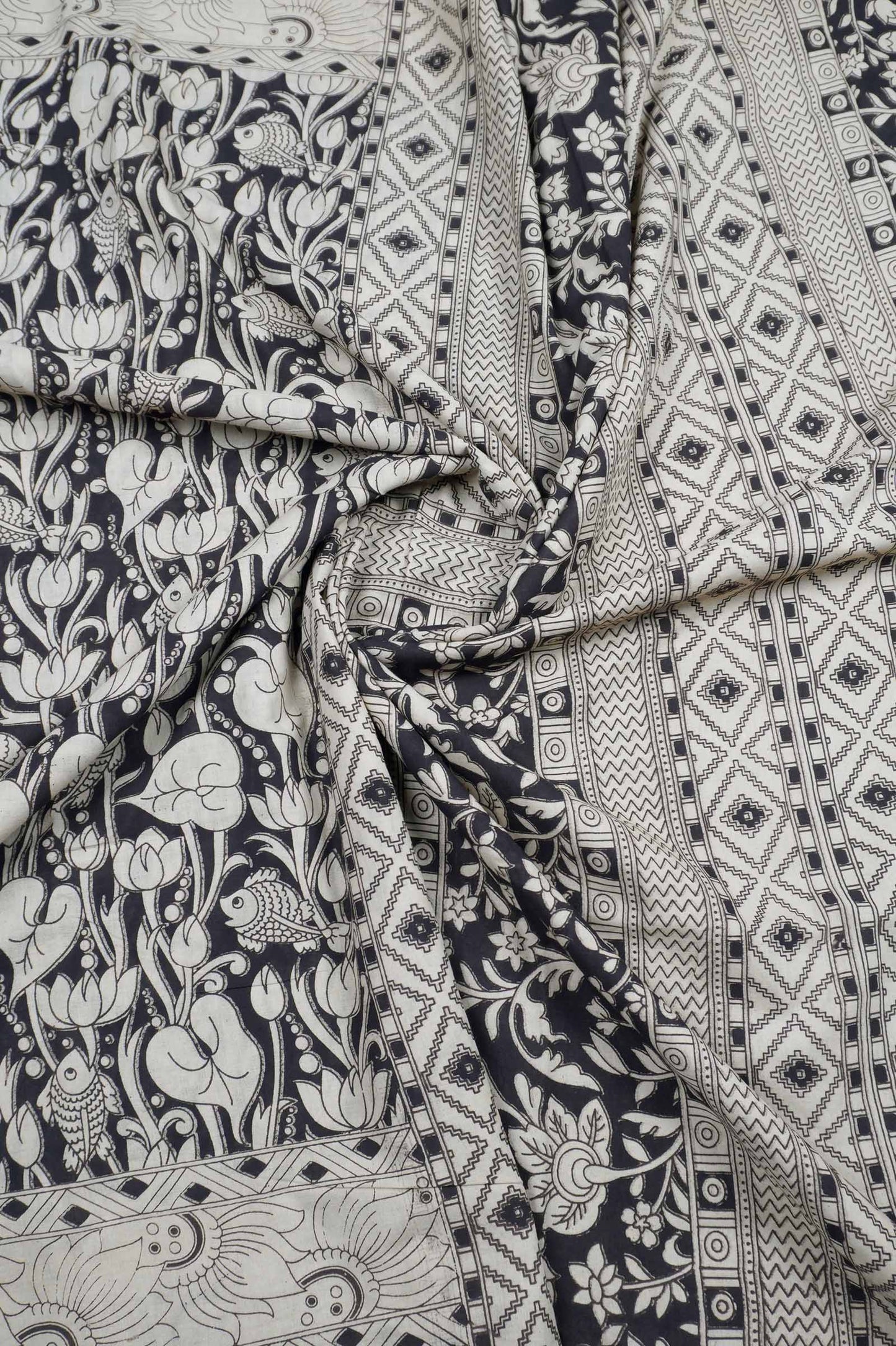 Black Kalamkari Pure Cotton Floral Scenes Print Saree