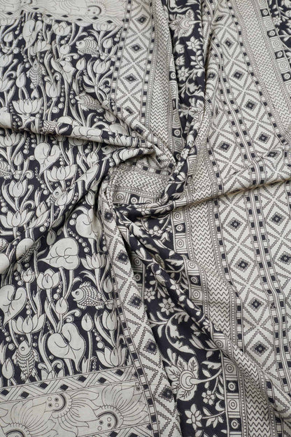 Black Kalamkari Pure Cotton Floral Scenes Print Saree