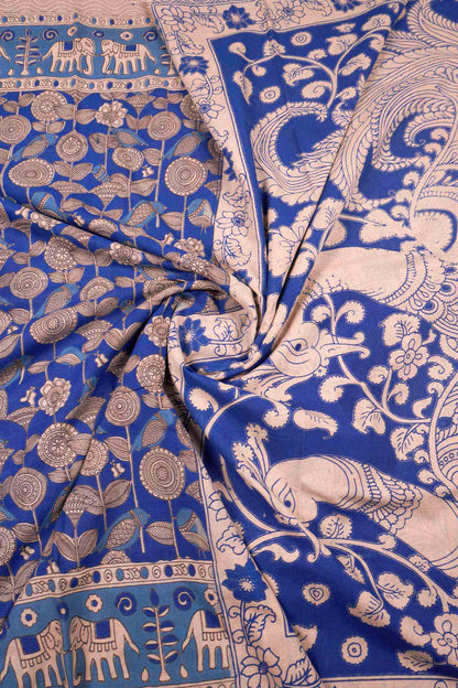 Blue Kalamkari Pure Cotton Elephant Border Peacock Pallu Saree