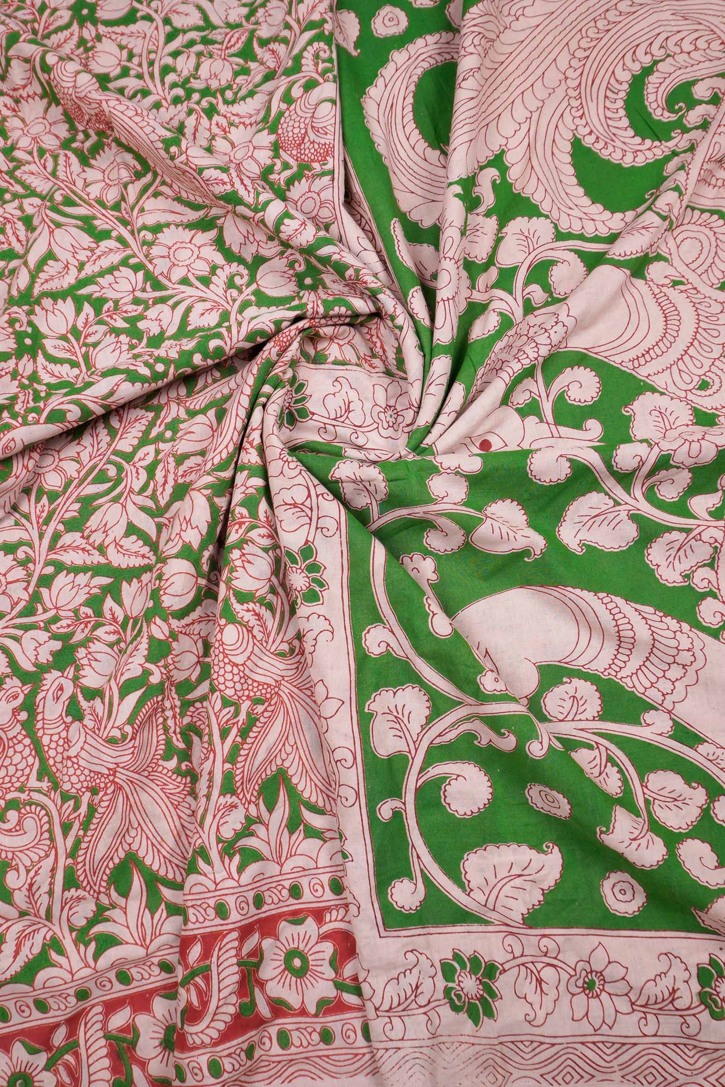 Green Kalamkari Pure Cotton Floral Print Peacock Pallu Saree