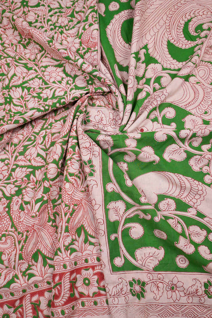 Green Kalamkari Pure Cotton Floral Print Peacock Pallu Saree