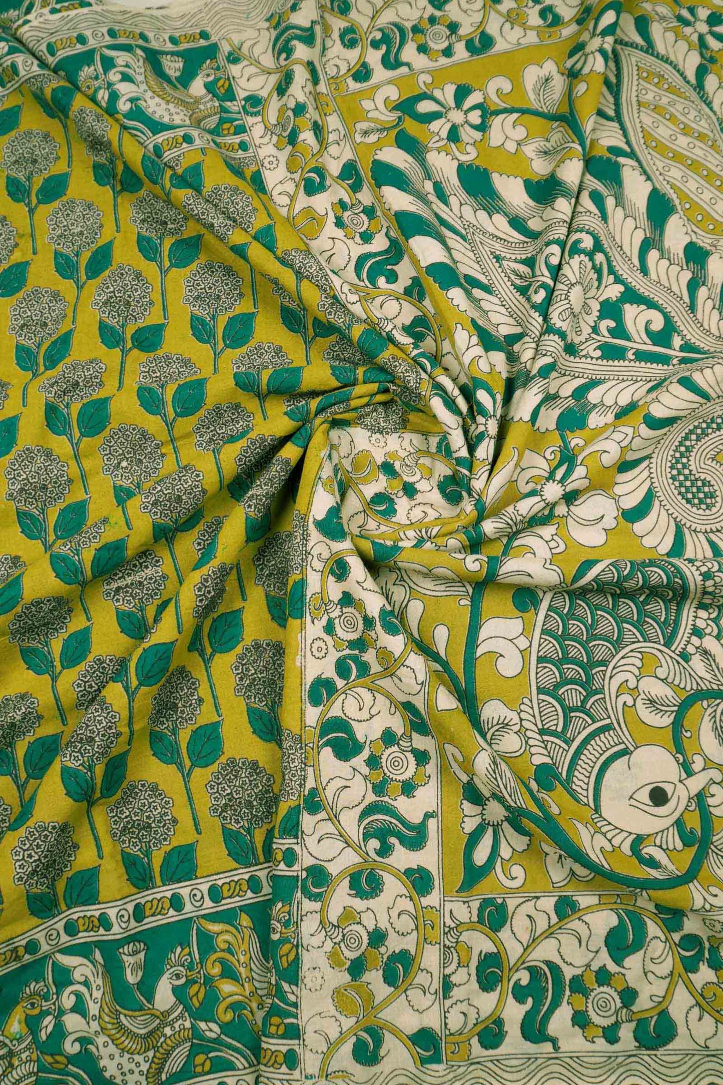 Green Kalamkari Pure Cotton Floral Print Peacock Border Saree
