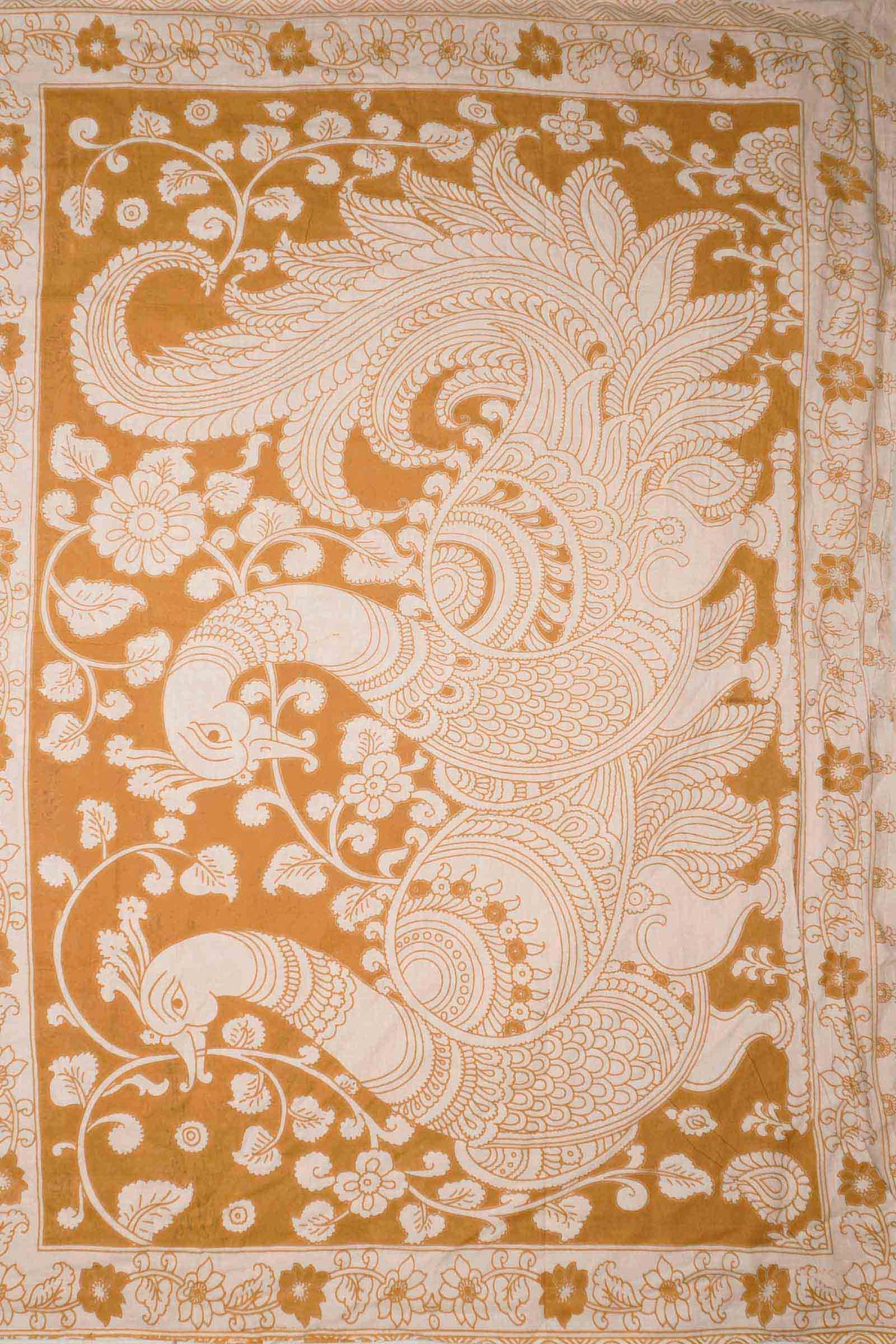 Dark Mustard Yellow Kalamkari Pure Cotton Elephant Print Peacock Pallu Saree