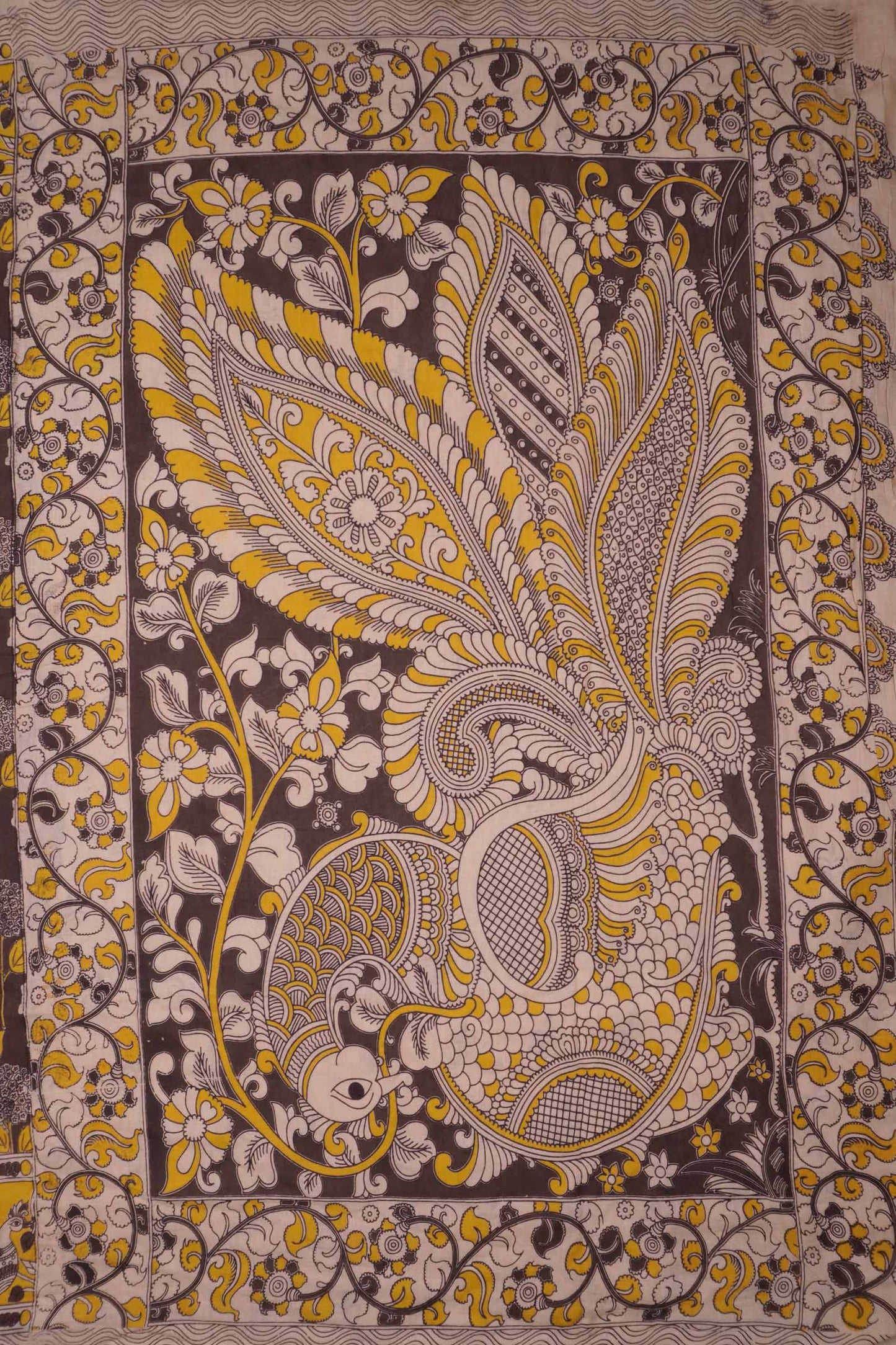 Dark Brown Kalamkari Pure Cotton Sunshine Fields Peacock Pallu Saree