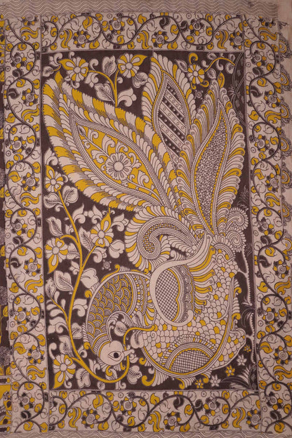 Dark Brown Kalamkari Pure Cotton Sunshine Fields Peacock Pallu Saree