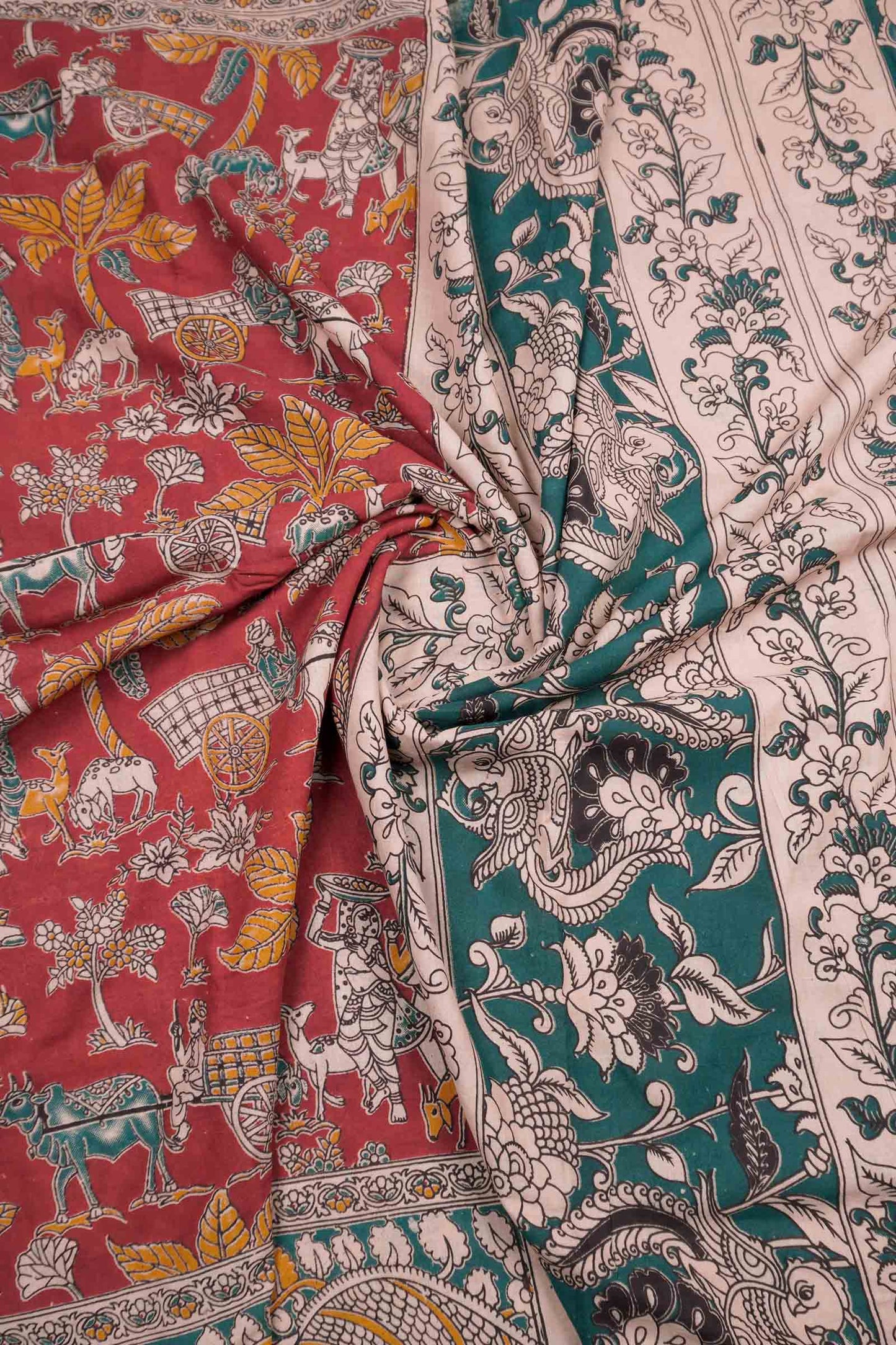 Red Kalamkari Pure Cotton Village Art Print  Saree