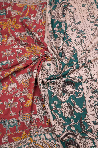 Red Kalamkari Pure Cotton Village Art Print  Saree