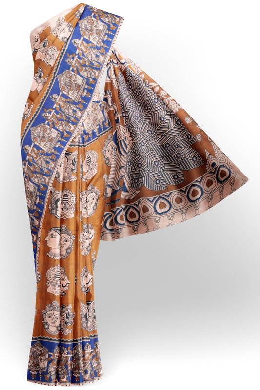 Brown Kalamkari Pure Cotton Royal Dance Faces Peacock Pallu Saree