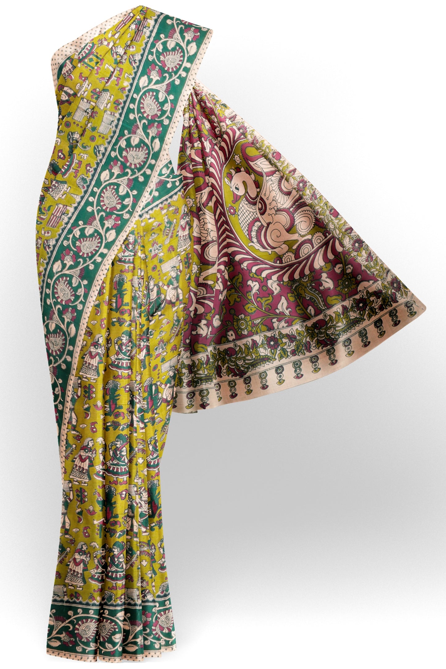 Green Kalamkari Pure Cotton Peacock Pallu Printed  Saree