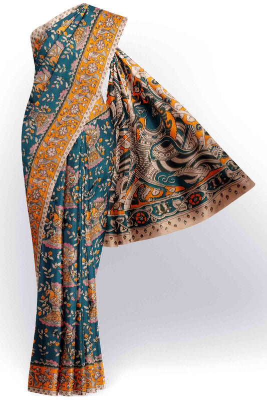Blue Kalamkari Pure Cotton Floral Dancing Peacock Saree