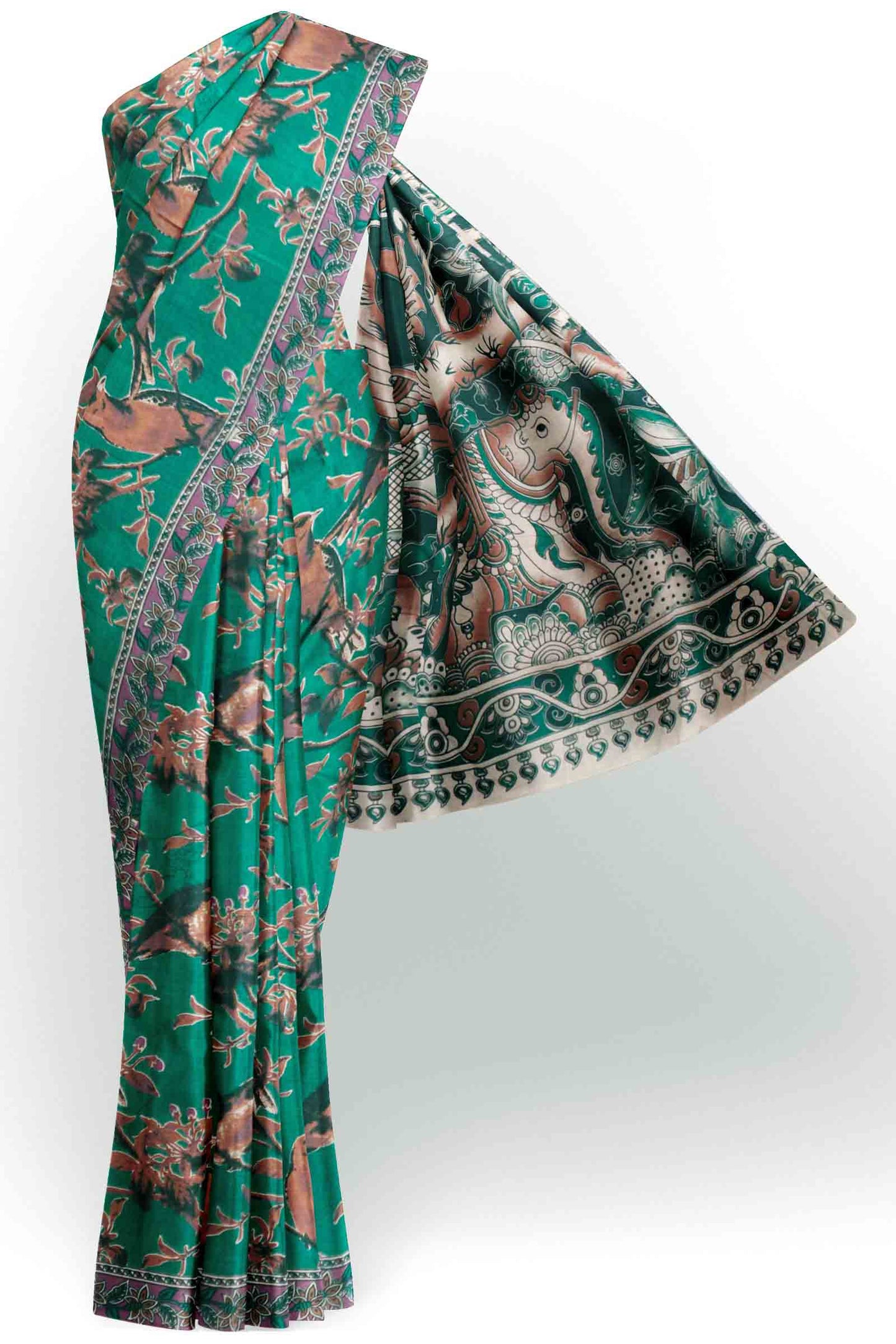 Green Kalamkari Pure Cotton Bird Garden Peacock Pallu Saree