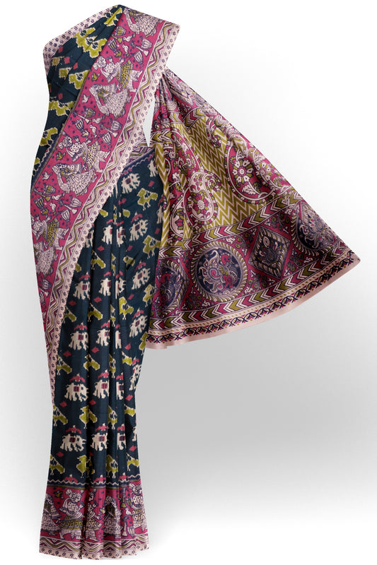 Black Kalamkari Pure Cotton Patola Style Print Peacock Pallu Saree