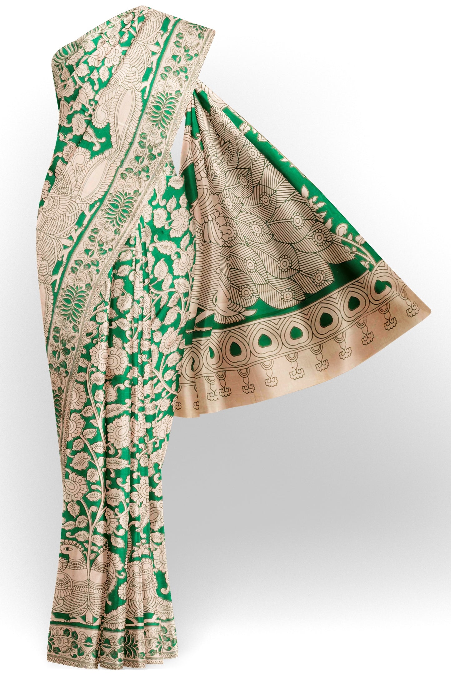 Green Kalamkari Pure Cotton Kalamkari Florals Peacock Pallu Saree