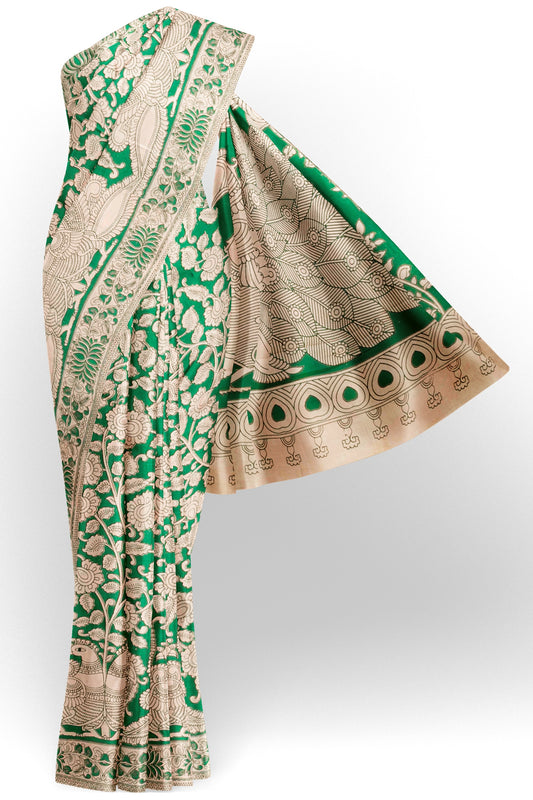 Green Kalamkari Pure Cotton Kalamkari Florals Peacock Pallu Saree