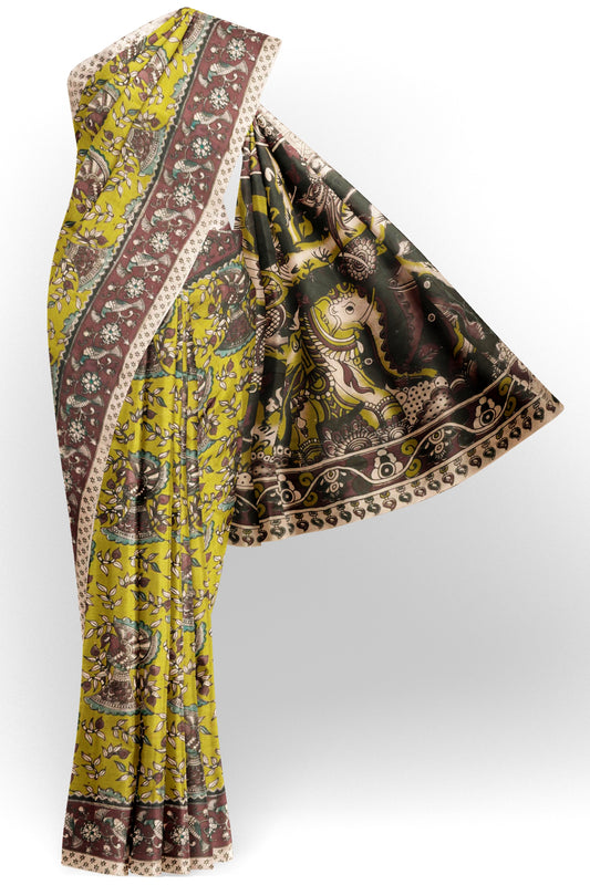Lime Green Kalamkari Pure Cotton Floral Peacock Border Pallu Saree