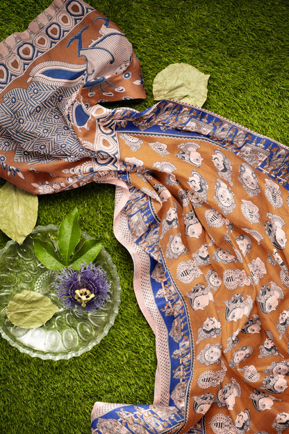 Brown Kalamkari Pure Cotton Royal Dance Faces Peacock Pallu Saree