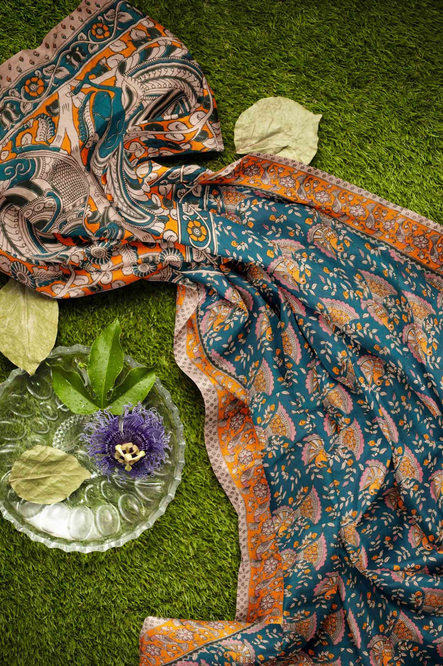 Blue Kalamkari Pure Cotton Floral Dancing Peacock Saree