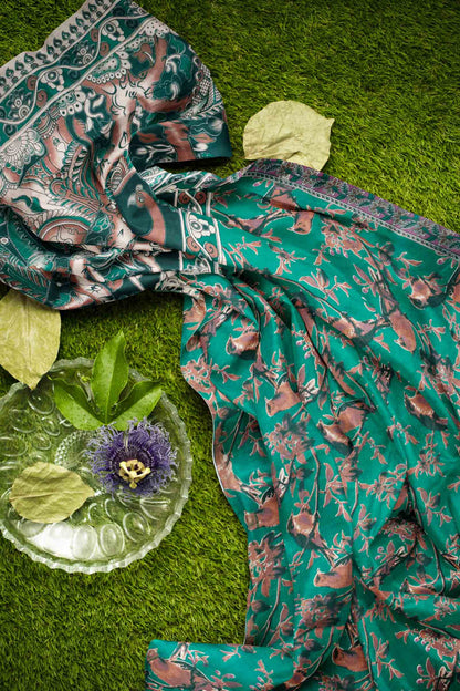 Green Kalamkari Pure Cotton Bird Garden Peacock Pallu Saree