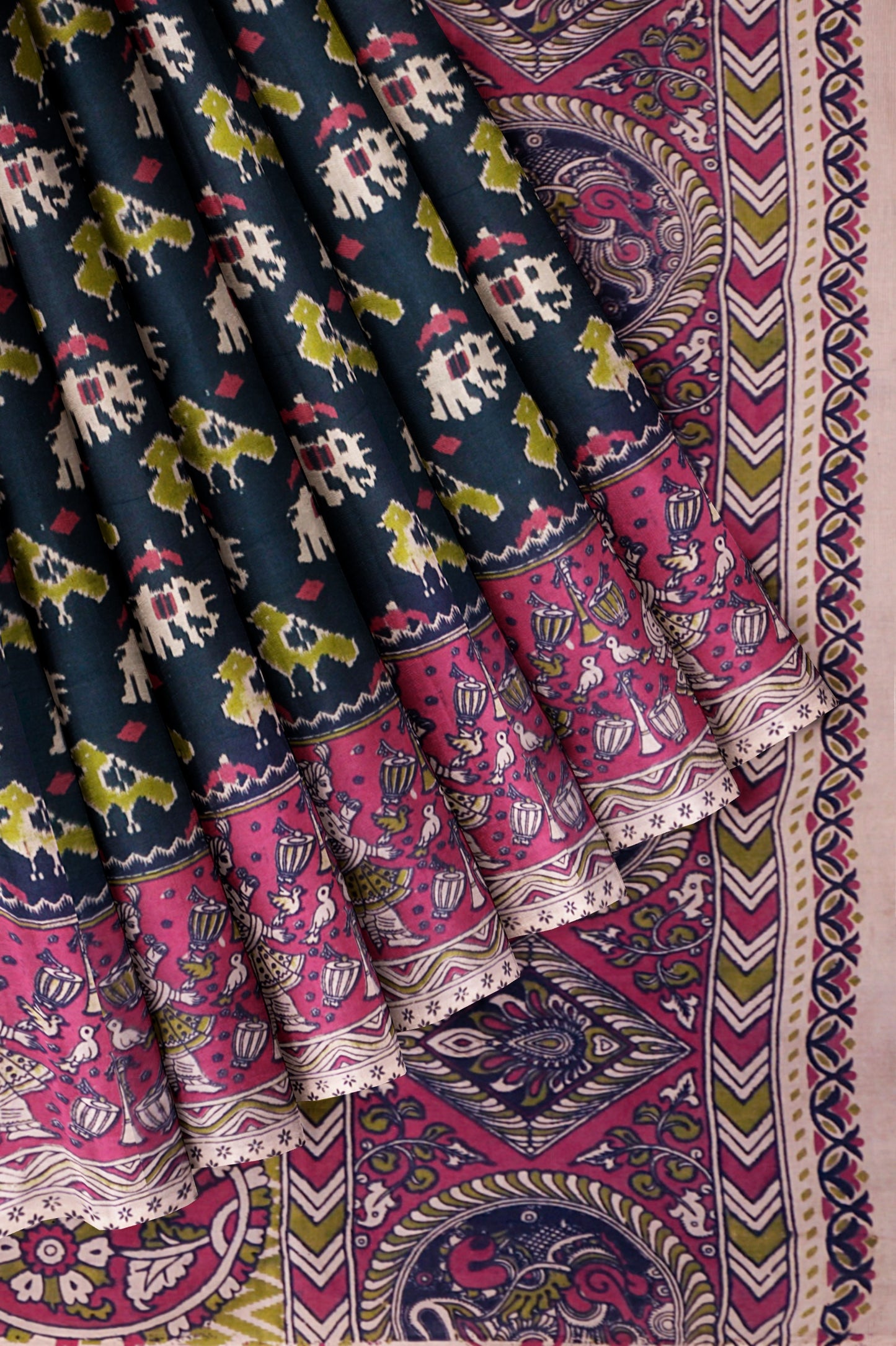 Black Kalamkari Pure Cotton Patola Style Print Peacock Pallu Saree