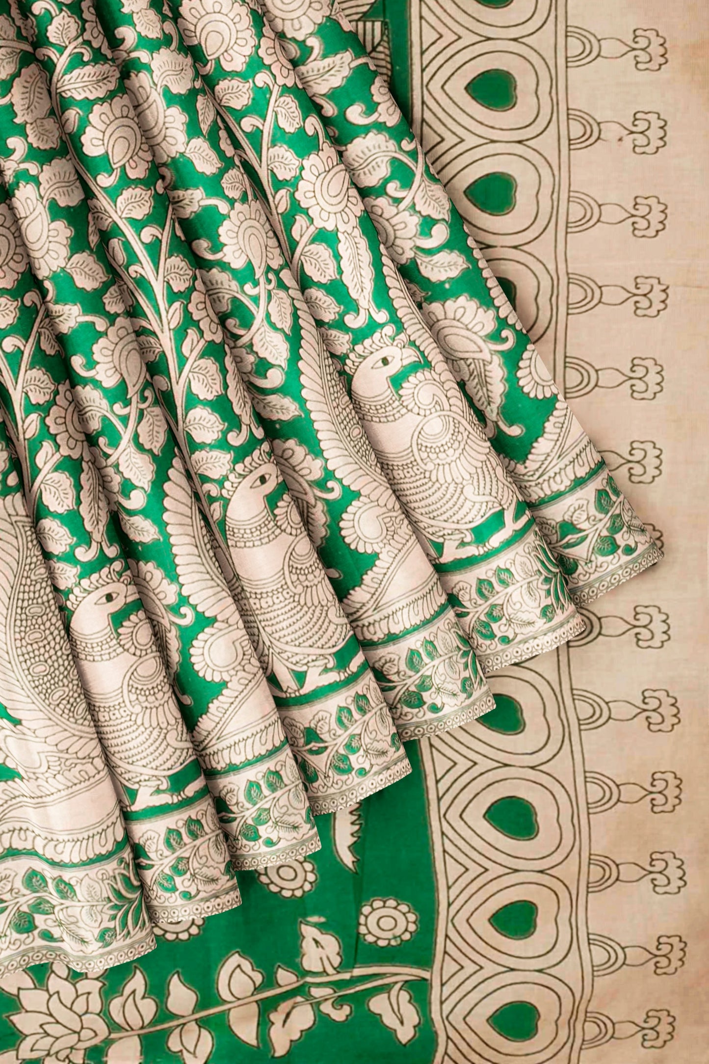 Green Kalamkari Pure Cotton Kalamkari Florals Peacock Pallu Saree