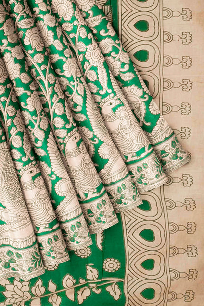 Green Kalamkari Pure Cotton Kalamkari Florals Peacock Pallu Saree
