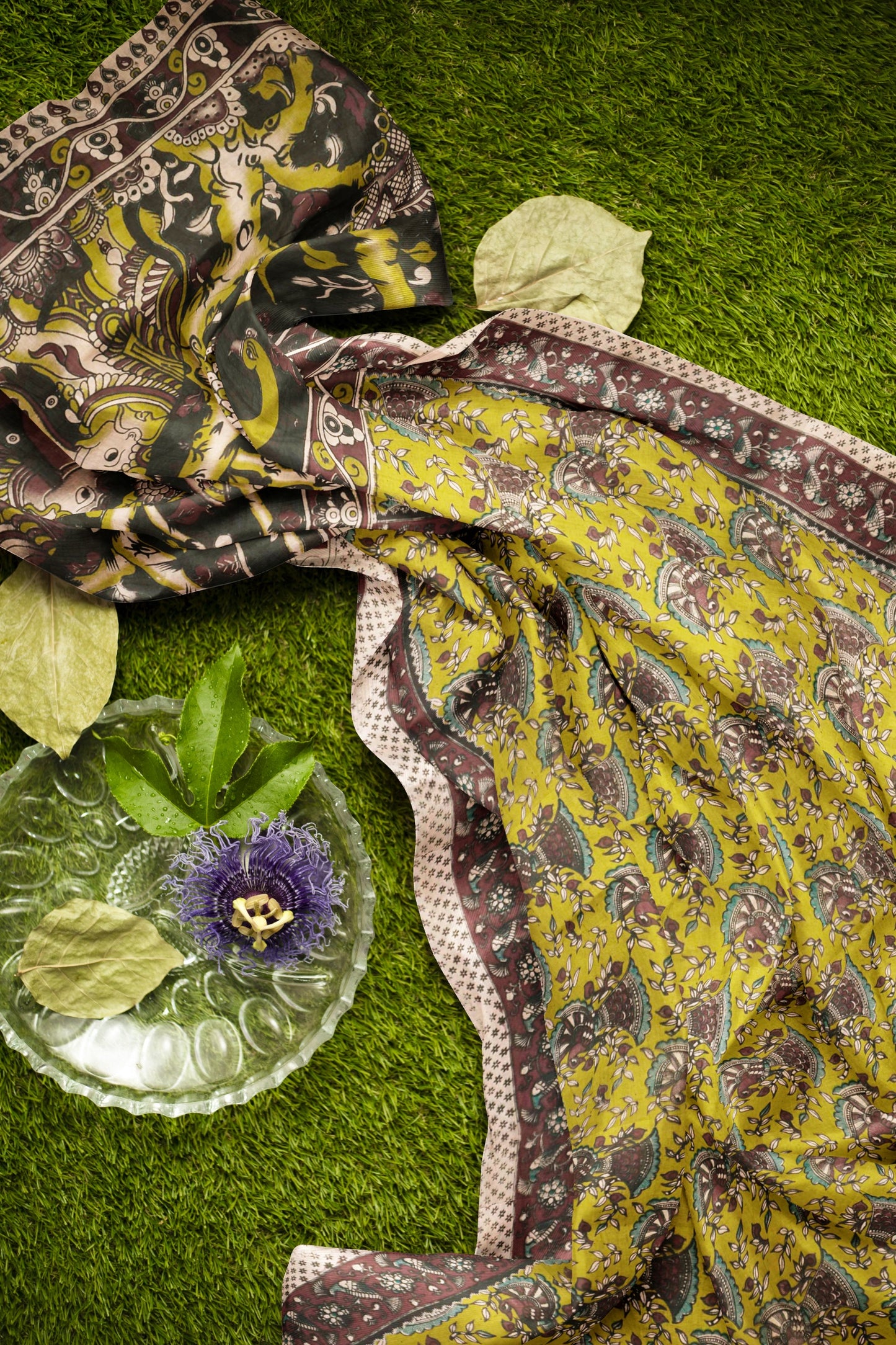 Lime Green Kalamkari Pure Cotton Floral Peacock Border Pallu Saree