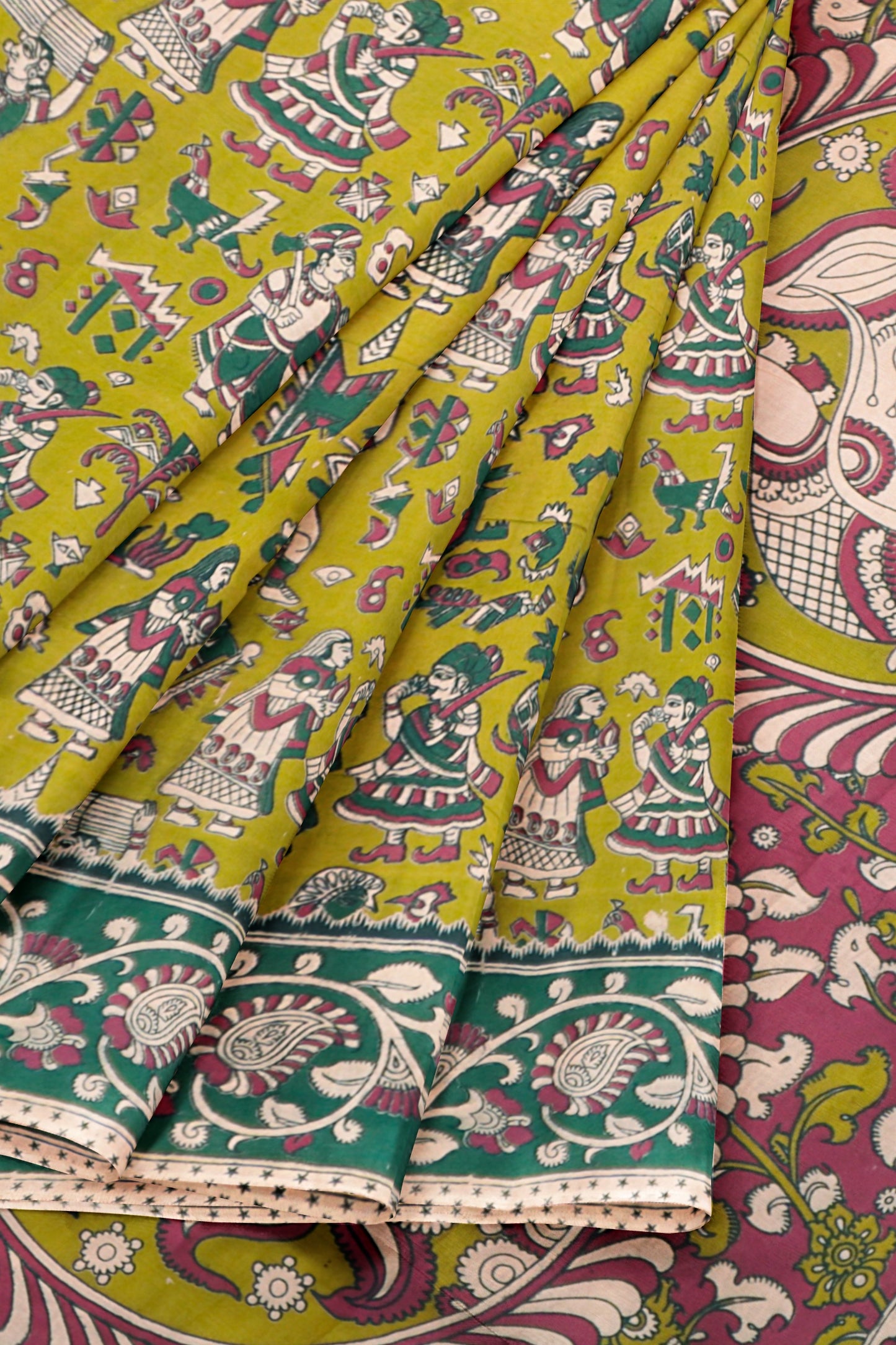 Green Kalamkari Pure Cotton Peacock Pallu Printed  Saree