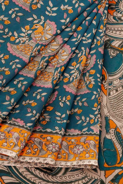 Blue Kalamkari Pure Cotton Floral Dancing Peacock Saree