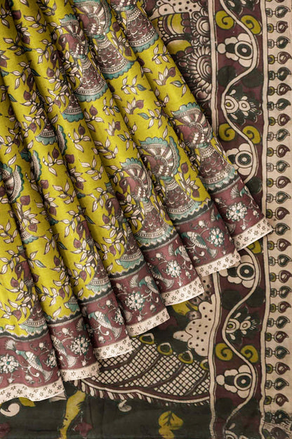 Lime Green Kalamkari Pure Cotton Floral Peacock Border Pallu Saree