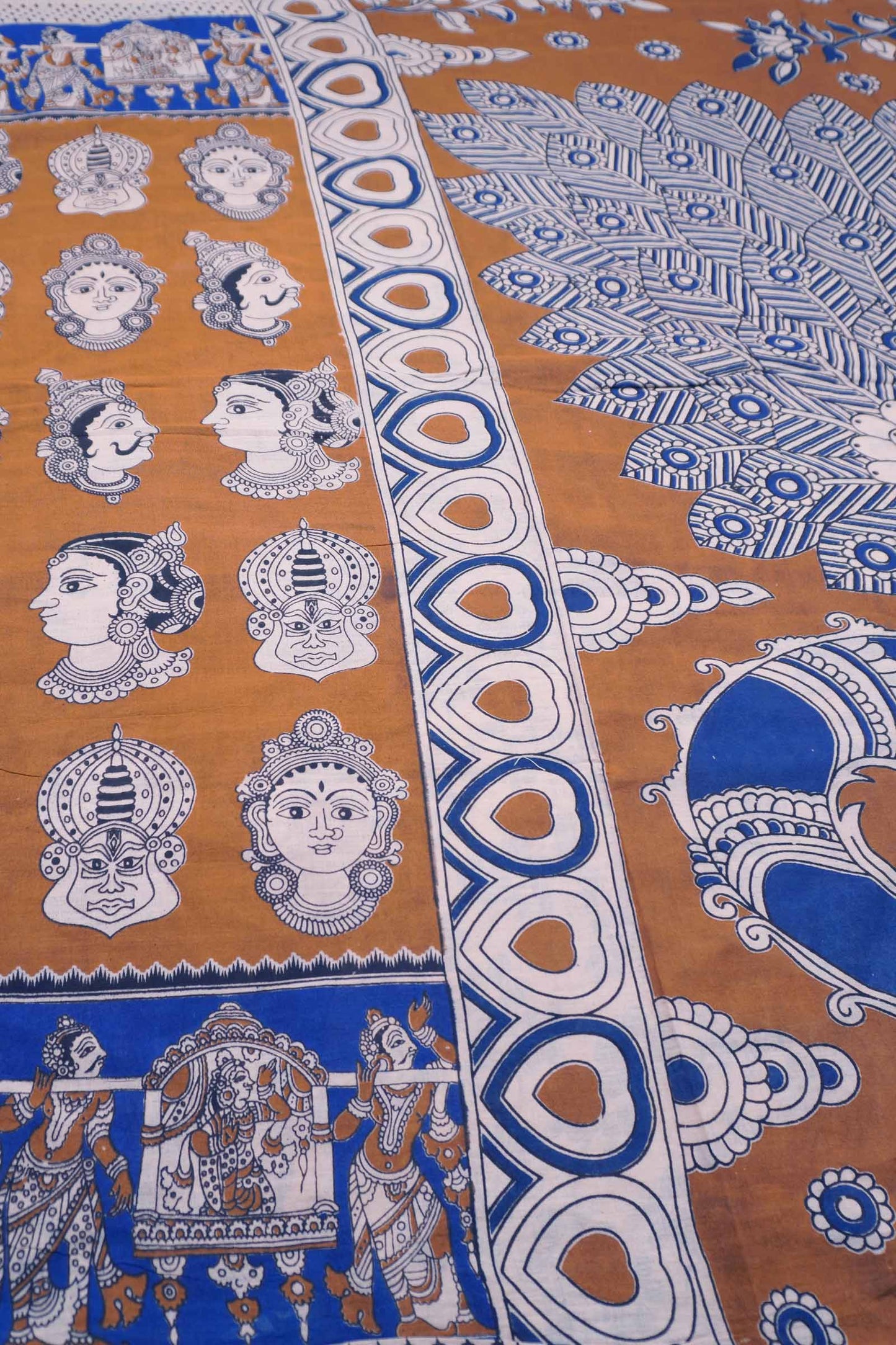 Brown Kalamkari Pure Cotton Royal Dance Faces Peacock Pallu Saree