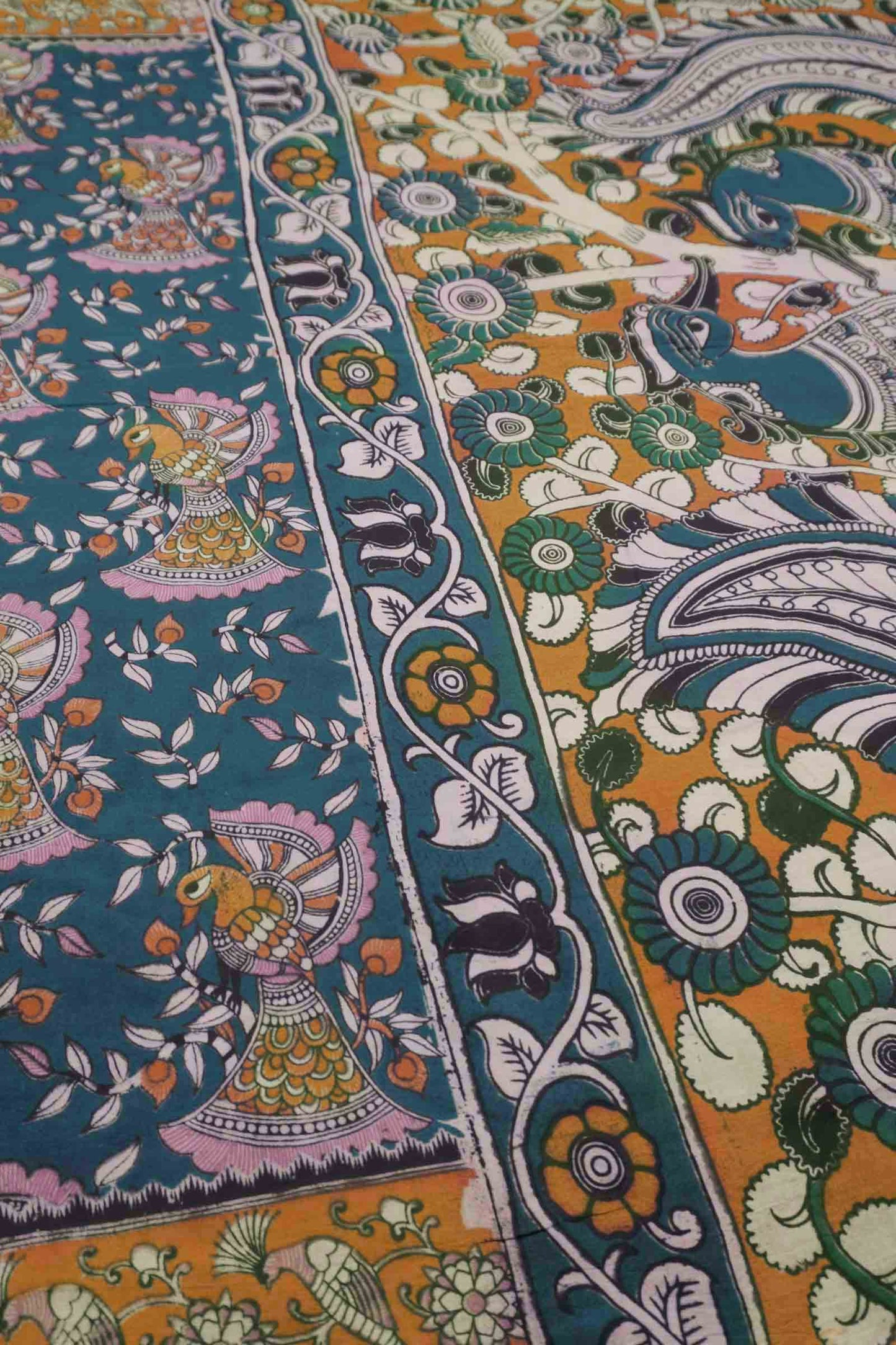 Blue Kalamkari Pure Cotton Floral Dancing Peacock Saree