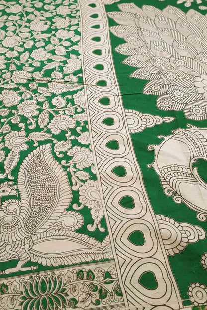 Green Kalamkari Pure Cotton Kalamkari Florals Peacock Pallu Saree