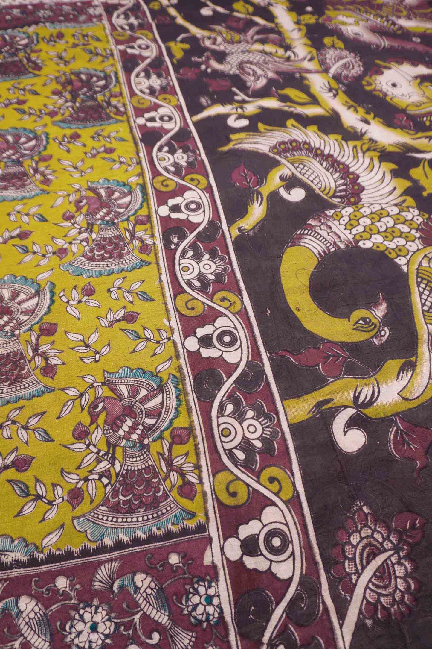 Lime Green Kalamkari Pure Cotton Floral Peacock Border Pallu Saree