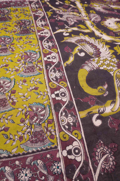 Lime Green Kalamkari Pure Cotton Floral Peacock Border Pallu Saree
