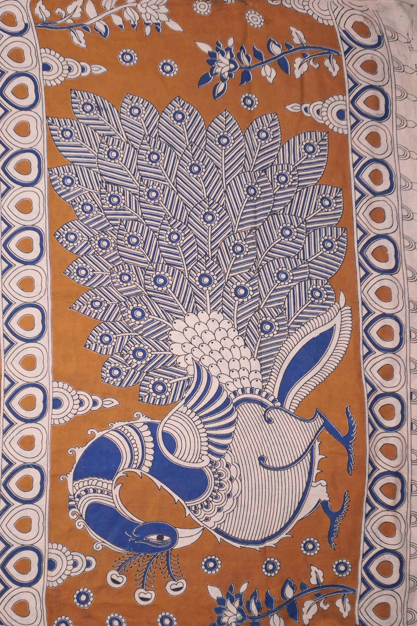 Brown Kalamkari Pure Cotton Royal Dance Faces Peacock Pallu Saree